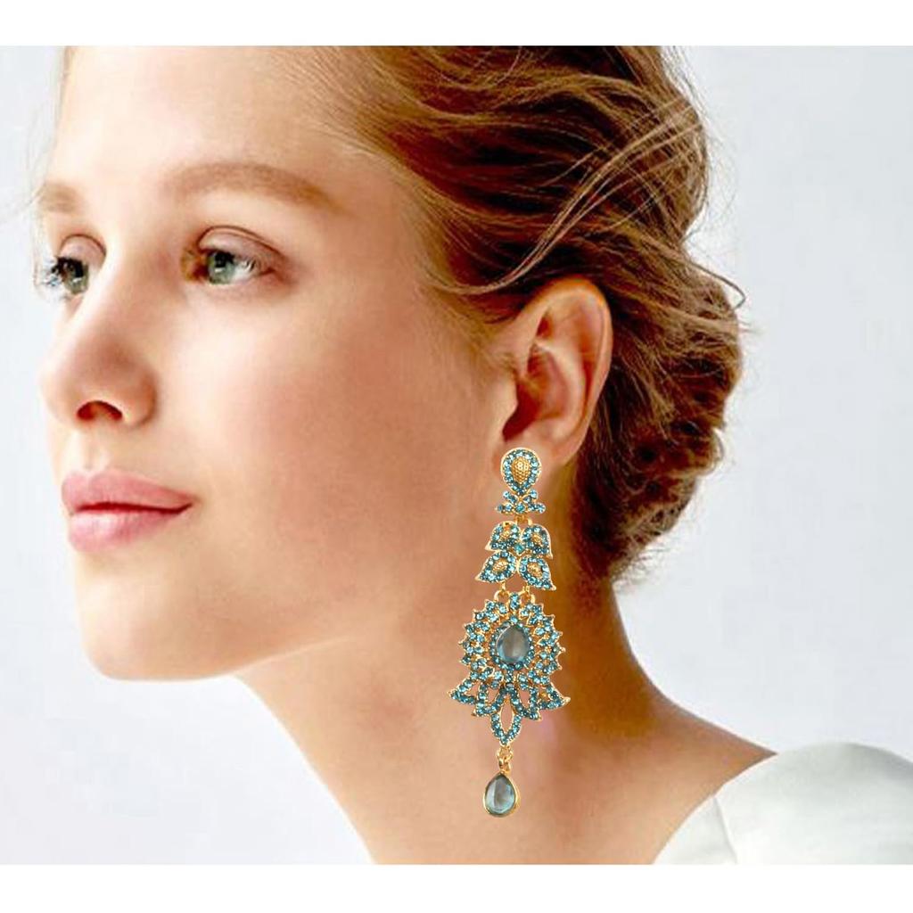 Touchstone Indian Bollywood Glamorous Handmade Contemporary Designer Jewelry Long Chandelier Earrings Rhinestone Crystal Gold Silver Tone Turquoise