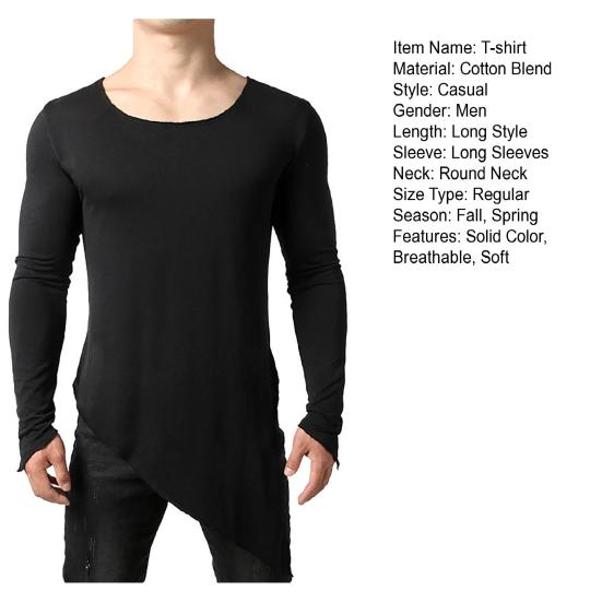 Herren T-Shirt Langarm Einfarbige Unregelmäßiger Saum Pullover Streetwear Warm Seitenschlitz Langer Stil Herren Frühlingstop Männliche Kleidung