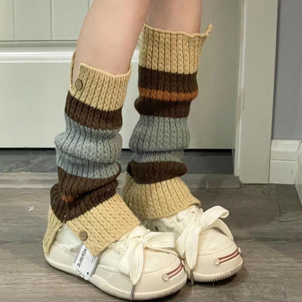 

Винтажный британский преппи-стиль, гетры контрастного цвета для горячей девушки, вязаные гетры JK с пуговицами, открытой вязкой, цветным блоком, шерстяные гетры-гольфы