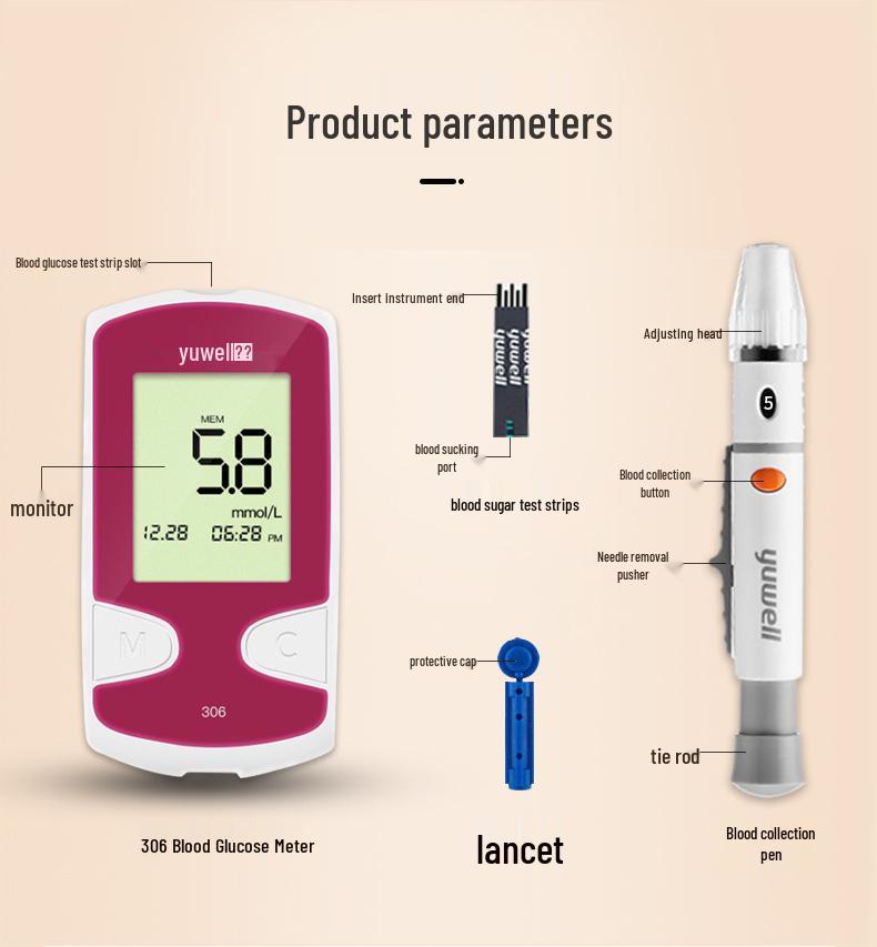 Yuyue Model 306 Blood Glucose Test Strips, No Coding, Type 2 Home Use, 50 Strips/Box