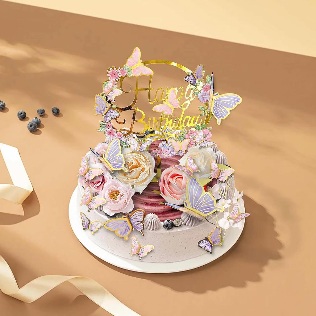 29 PCS Flower Cake Toppers Butterfly Cake Decorations with Artificial Pink and Purple Flowers for Women Birthday Wedding Party
