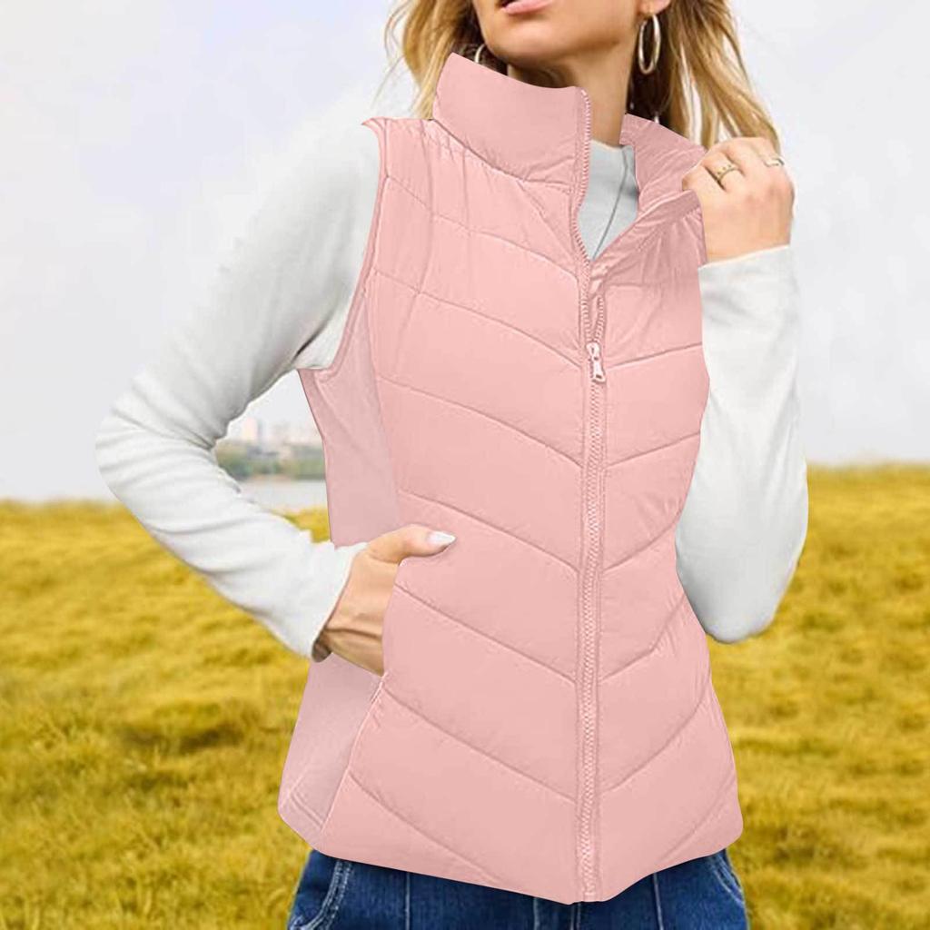 Dame Mote Ensfarget Ståkrage Ermeløs Glidelåslomme Jakke Vest Jakke