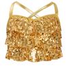 Dívčí třpytivý crop top s flitry, stupňovitými volány a zkříženými zády, metalické tílko, top na jazzovou taneční vystoupení