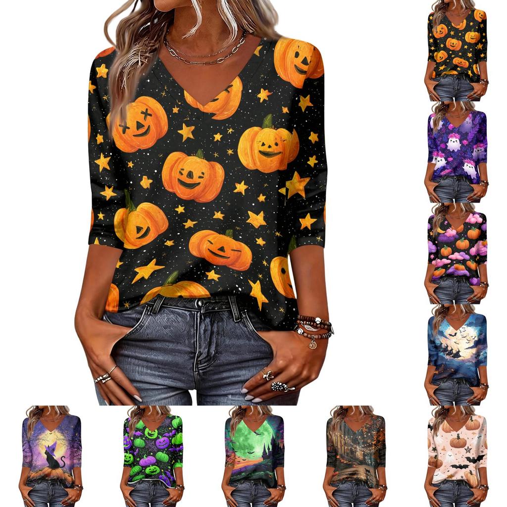 Damen Freizeit Halloween Aufdruck V-Ausschnitt Dreiviertelarm Oberteil Leichtes Weiches Gewebe Herbsthemd für den Alltag