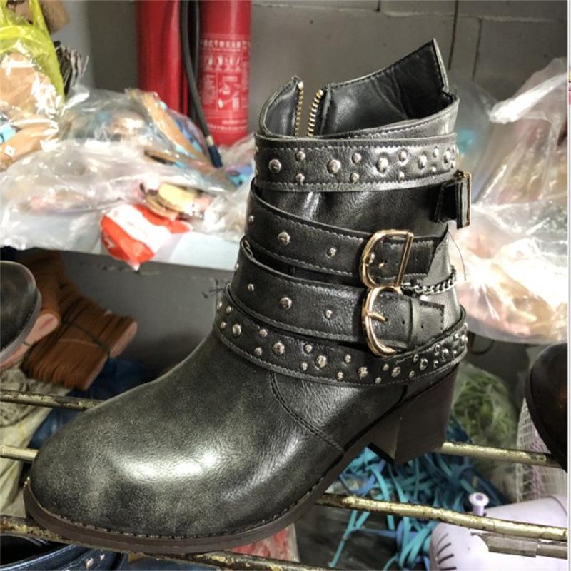 Coarse Heel Martin Boots Women's Autumn and Winter High Heel Large Size Belt Buckle Chain Rivet Short Boots Women's Single Boots