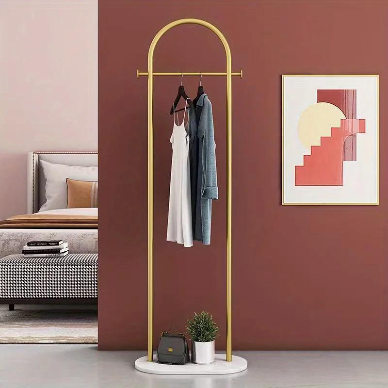 Metal Free Standing Clothes Hanger with Marble Base - Uncharged, Minimalist Bedroom Floor Mount Coat Rack with Storage Shelf