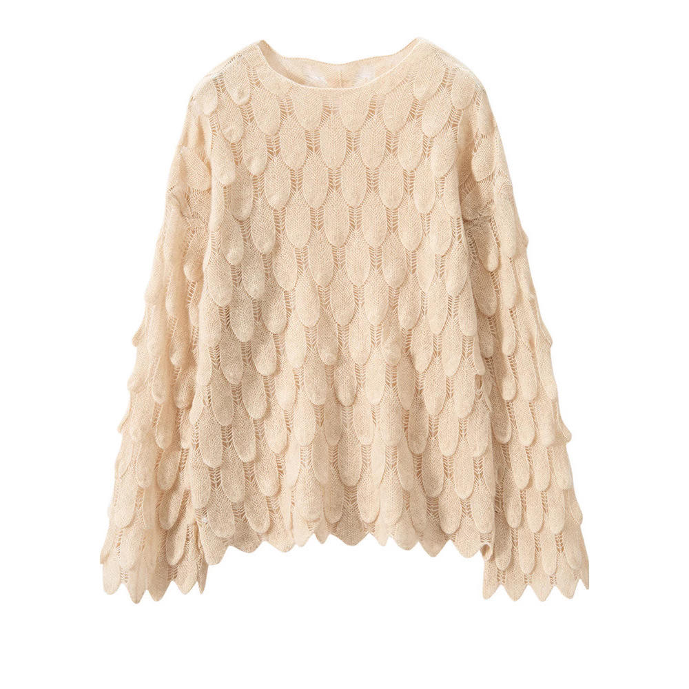 Sweater Women's Top Hollow Feather Design Fashionable Thin Spring Autumn Inner Wear Bottoming Sweater