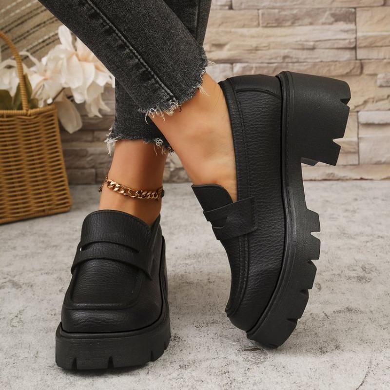 New Thick-soled Leather Shoes, One-foot Thick-heeled Shoes, Round-toed Mid-heeled Women's Shoes
