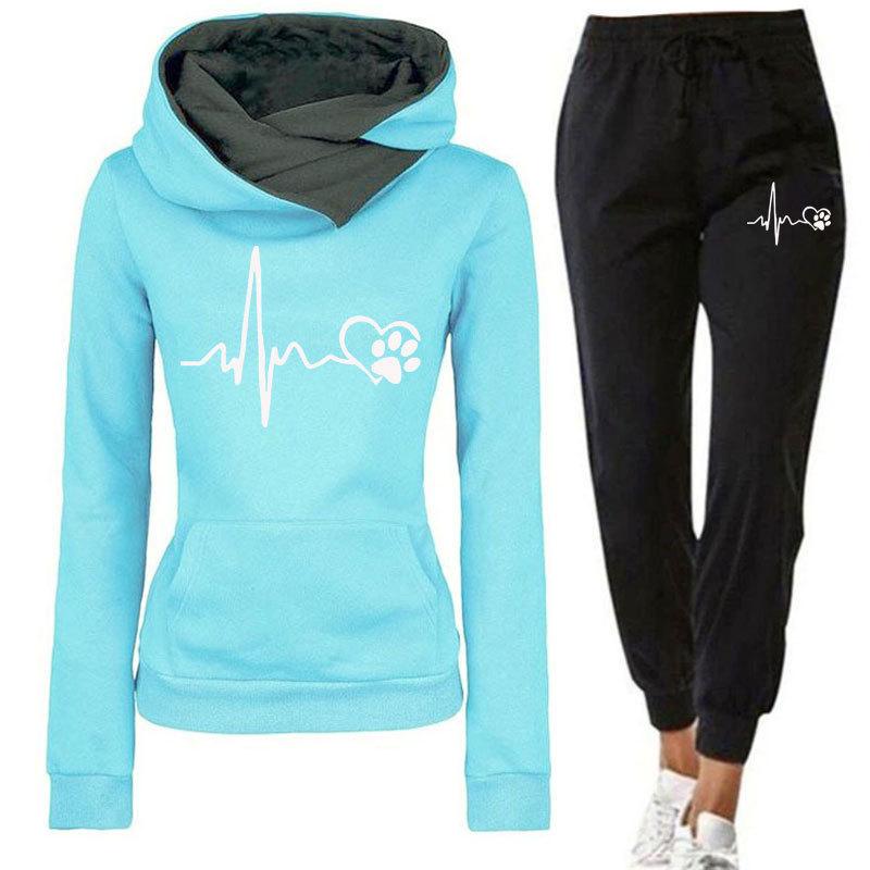 Neues Frühlings- und Herbst-Winter-Freizeitsport-Set, Herzschlagfrequenz-bedruckter Damen-Hoodie, Sweatshirt-Set, trendig