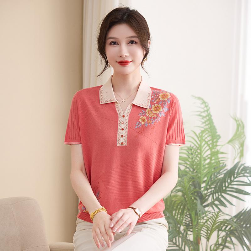 

Plus-Size Pure Silk Embroidered Lapel T-Shirt for Middle-Aged and Elderly Women - Loose, Summer Knit, Noble Style 3XL (120-135 lbs) помаранчевий/червоний