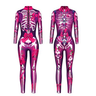 Womens Party Clubwear Skeleton Print Long Sleeve Bodysuit Halloween Role Play Costume Mock Neck Skinny Jumpsuit Catsuit Costume