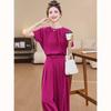D.F.DEAR Elegant Round Neck Short Sleeve Wide-Leg Pants Set