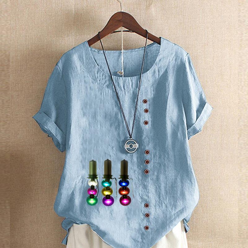 Women's Fashion Round Neck Short Sleeve T-shirt Casual Cotton Linen Graphic Shirt Leisure Loose Electric Light String Prined Summer Blouse Tops