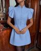 2026 Summer Stand Collar Puff Sleeve High Waist Dress for Women – Trendy European & American Style