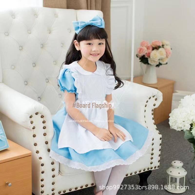 Märchenhaftes Fantasie-Halloween-Kostümkleid mit blauer Prinzessin und Dienstmädchen für Mädchen
