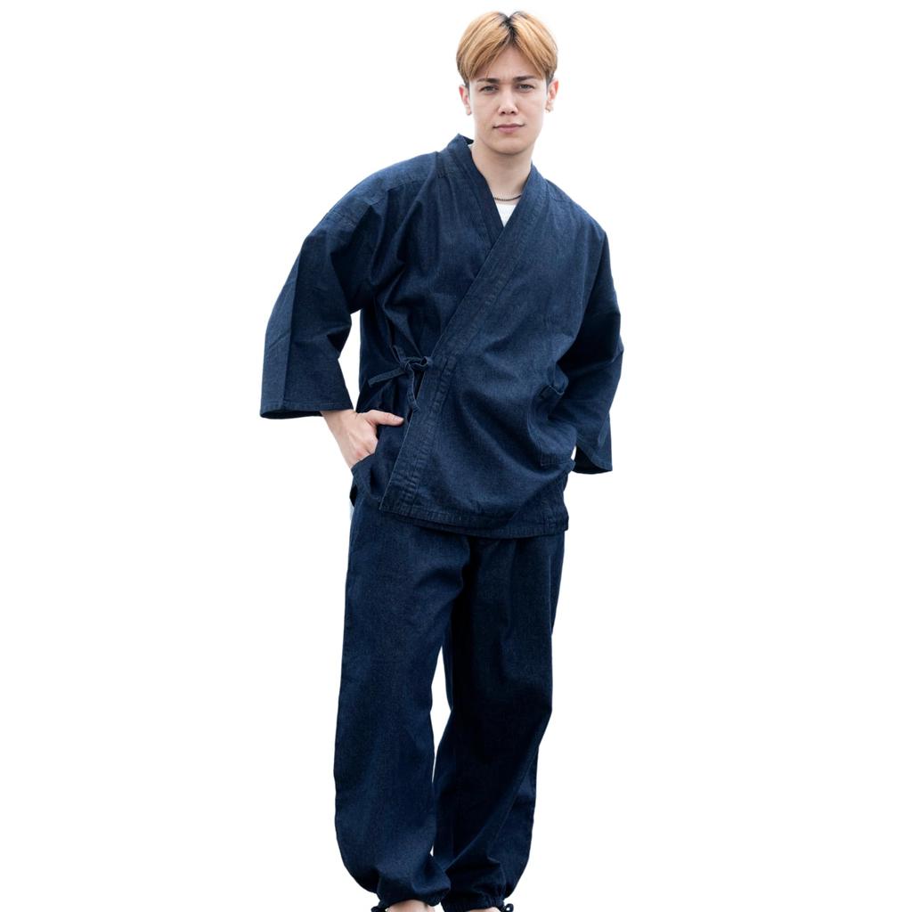 Edoten Samue (Work Clothes) - 100% Cotton Denim Fabric, Durable Yet Soft, Patterned, Year-Round, Men's, Firefighter Style, Navy Blue, Size 3L