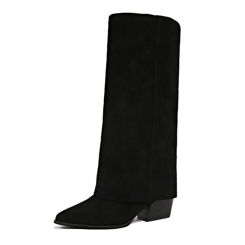 Fashion Block Heel Tall Boots Women's Fashion Pointed Toe Sleeve Suede Non-Slip Wear-Resistant High Heels