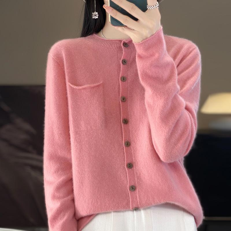 Wool Cardigan with Seamless One-line Rolled Pocket Coat Top