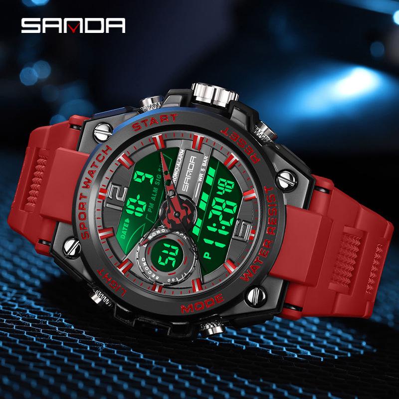 Sanda Trendy Waterproof Sports Watch - Minimalist Design with Dual Display for Students