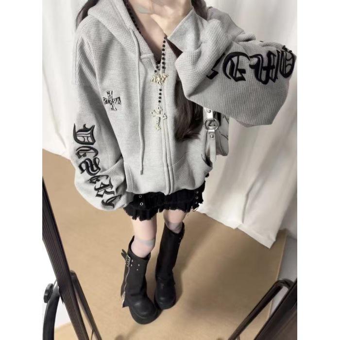 

American Gothic Waffle Knit Hooded Sweatshirt - Fashionable & Versatile Casual Wear from East Asia (Korea & Taiwan) Medium