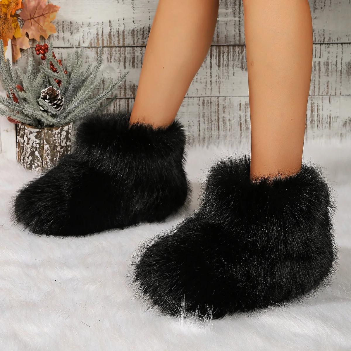 

Зимние женские ботинки на пушистом искусственном лисьем меху, женские плюшевые теплые зимние ботинки, роскошная обувь для девочек, ботинки на меховом меху, модная зимняя обувь 40 чёрный