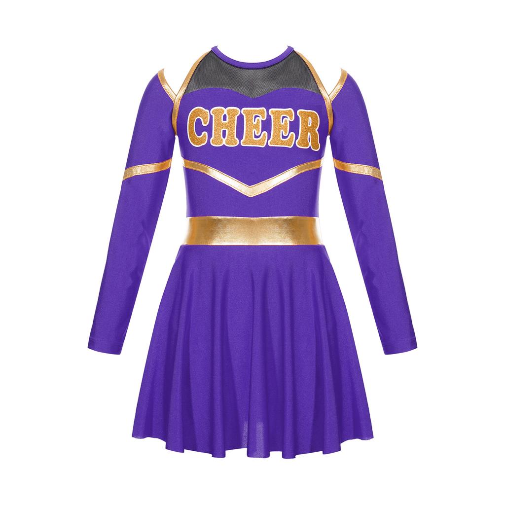 Girl Cheerleading Costumes Dance Uniform Long Sleeves Dance Dress with Hand Flowers Headwear Striped Socks for Stage Performance