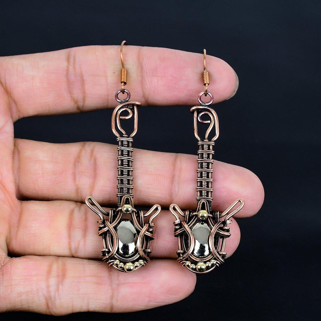 Golden Apache Pyrite 999 Copper Wire Wrapped Earrings, Handmade Gemstone Jewelry Earrings, For Memorial Day