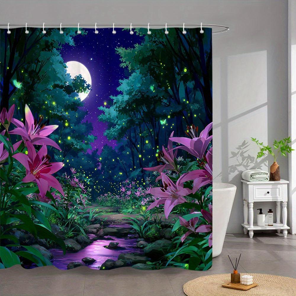 1pc Enchanted Anime Forest Shower Curtain - Moonlit Pink Lilies, Glowing Fireflies & Starry Night Sky Design - Durable Polyester