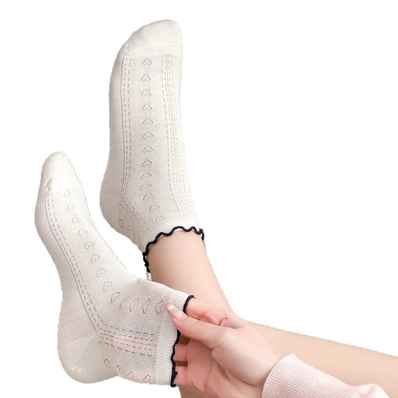 2026 Spring/Summer Heart Ruffle Combed Cotton Ankle Socks: Breathable, Sweat-Absorbing, Japanese Style for Women