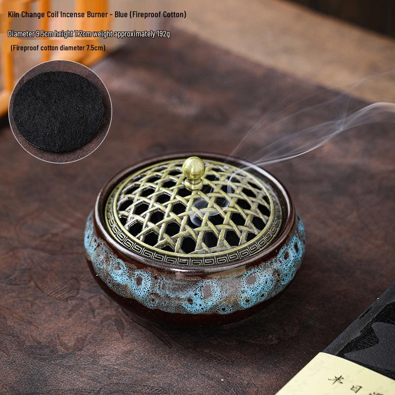 Ceramic Sandalwood Incense Holder with Net Lid and Crackle Glaze, for Coil and Stick Incense, Three-Legged Buddhist Home Use.