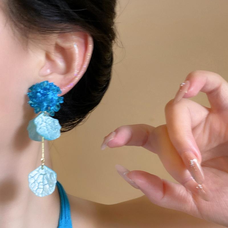 Silver needle flower acrylic petal fringed stud earrings super fairy temperament vacation style earrings niche high-end earrings women