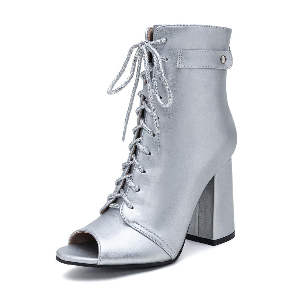 Fashion Womens Fish Mouth Ankle Boots Summer Female Cross-Tied Thick High Heels Shoes Lace-Up Chelsea Booties Mujer Botas Silver Black