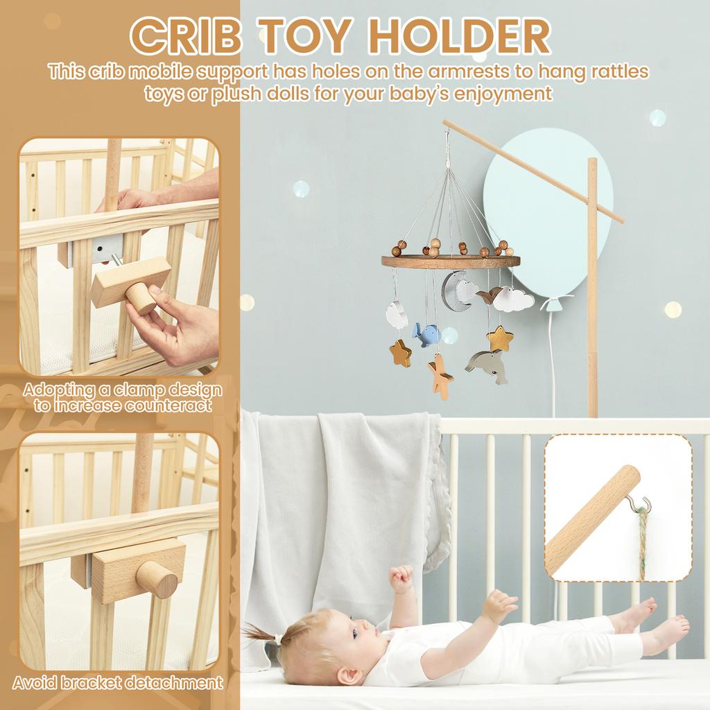 Baby Wooden Bedbell Bracket Wooden Cot Mobile Arm Unisex Crib Mobile Holder Easy Assembly Crib Mobile Arm for Cradle Stroller