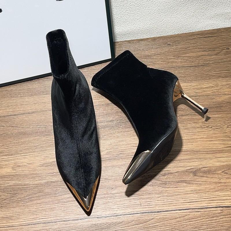 New Style Women's Concise Black Women Ankle Boots Pointed Toe Design Metal Decoration High Stiletto Heels Shoes Zapatos Mujer