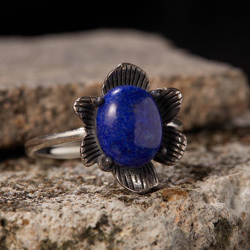 QUBAIKU Retro S Pure Silver Ring Natural Stone Personalized Flower Personalized Thai Silver Ring Luxury resizable