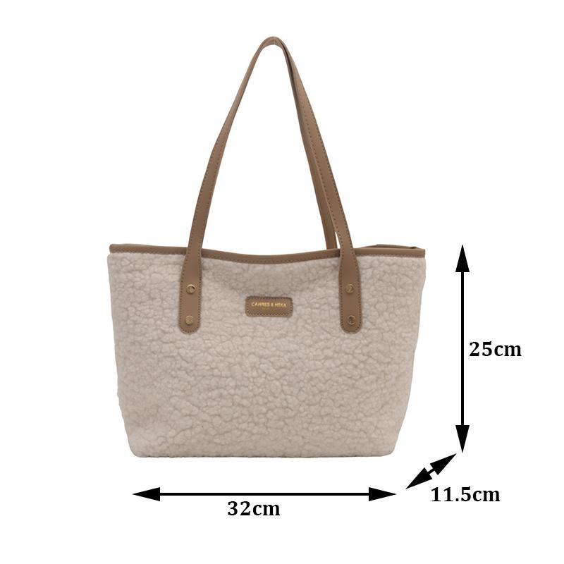 Bolsa de mão macia grande capacidade outono inverno bolsa de ombro feminina lã de cordeiro bolsa tote com zíper casual compras viagem tote