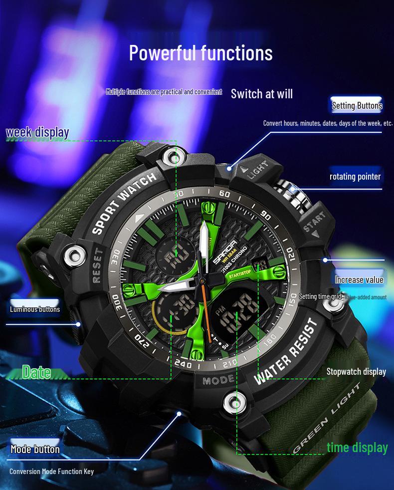 SANDA Youth Waterproof Sports Watch - Cool Trendy Multi-functional Dual Display in Black Technology Design