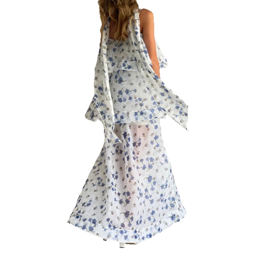  European and American Amazon women's clothing new floral streamer suspender ruffle loose top wide swing long skirt set