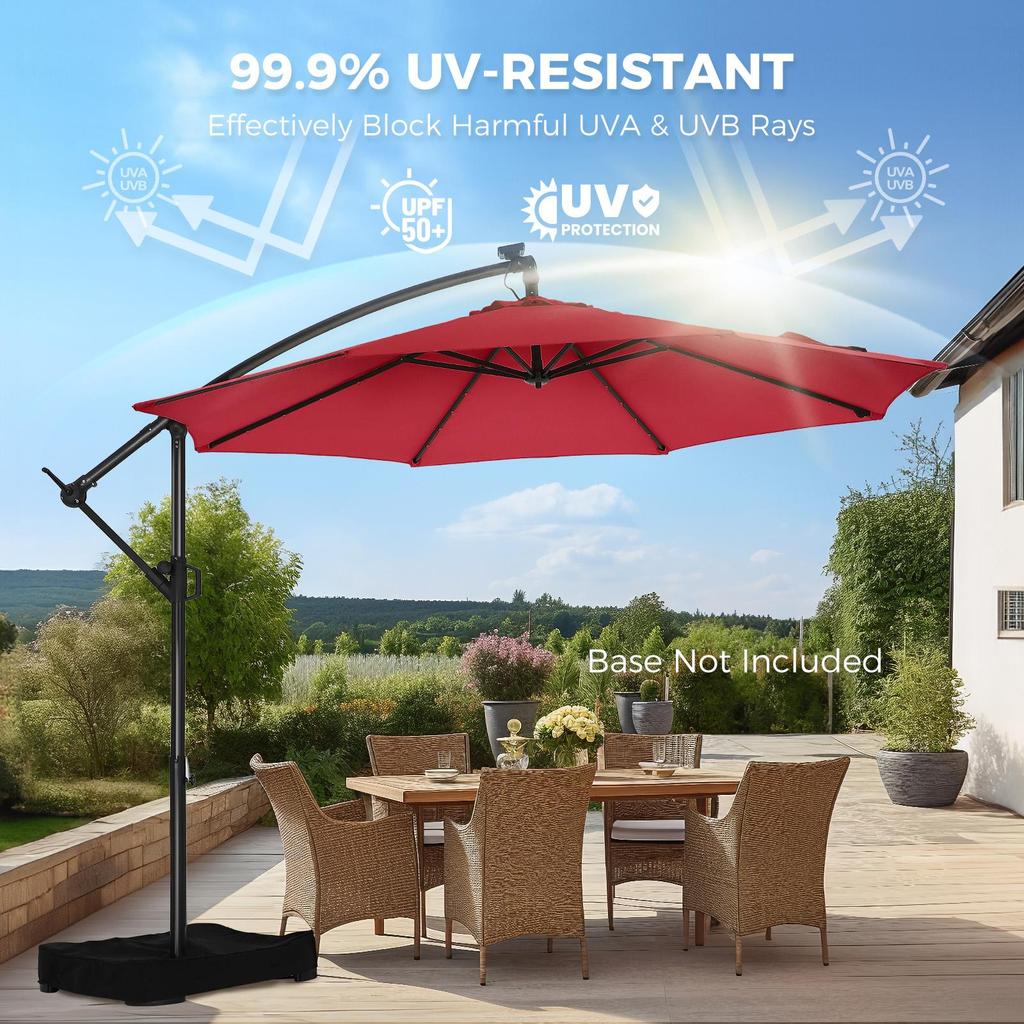 Patio Umbrella HY21L Cantilever 10ft UPF50+ 500H Fade Resistant 8 Umbrella Frame with Light