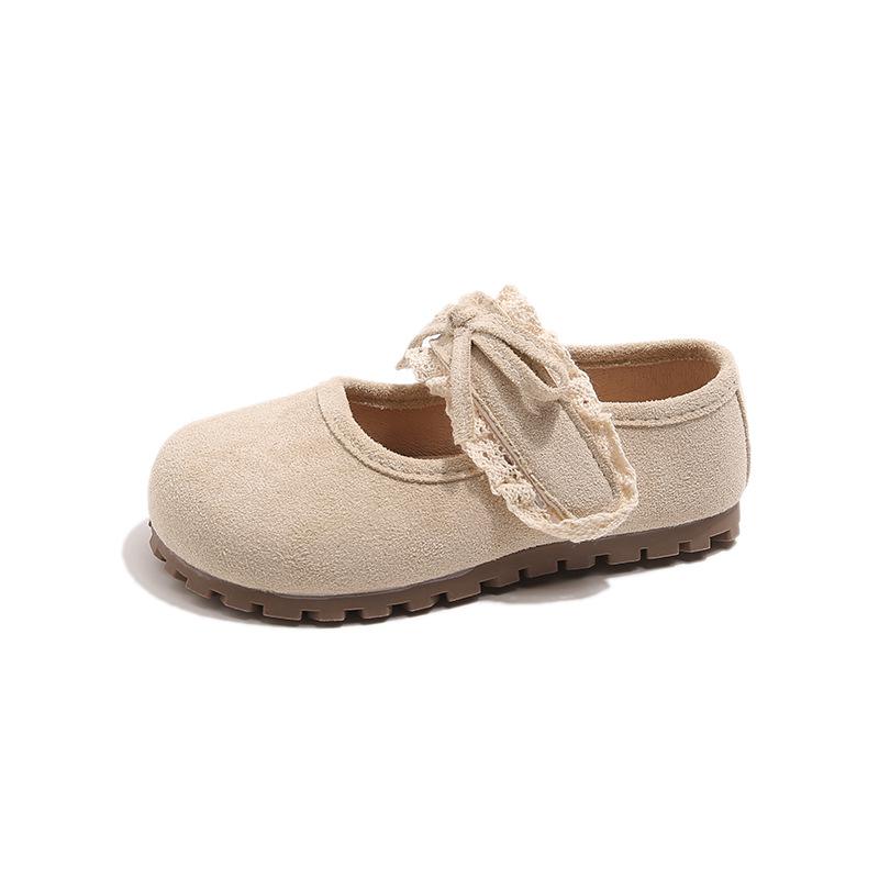 Kids Beige Suede Lace Bow Mary Jane Shoes Velcro Strap Thick Sole Casual Flat Shoes 21 легкие хаки