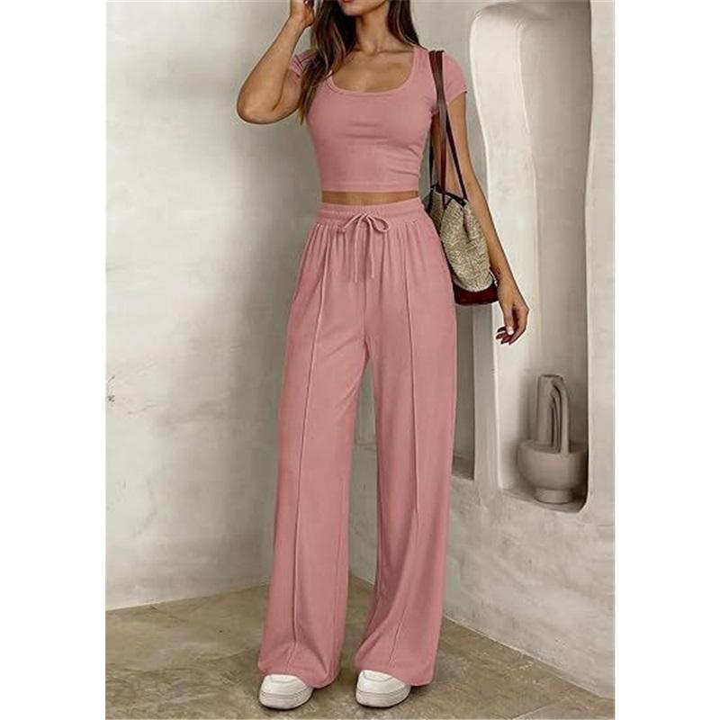 Women's 2-piece Square Neck Short Sleeved Crop Top&high Waist Wide Leg Pants Casual Set