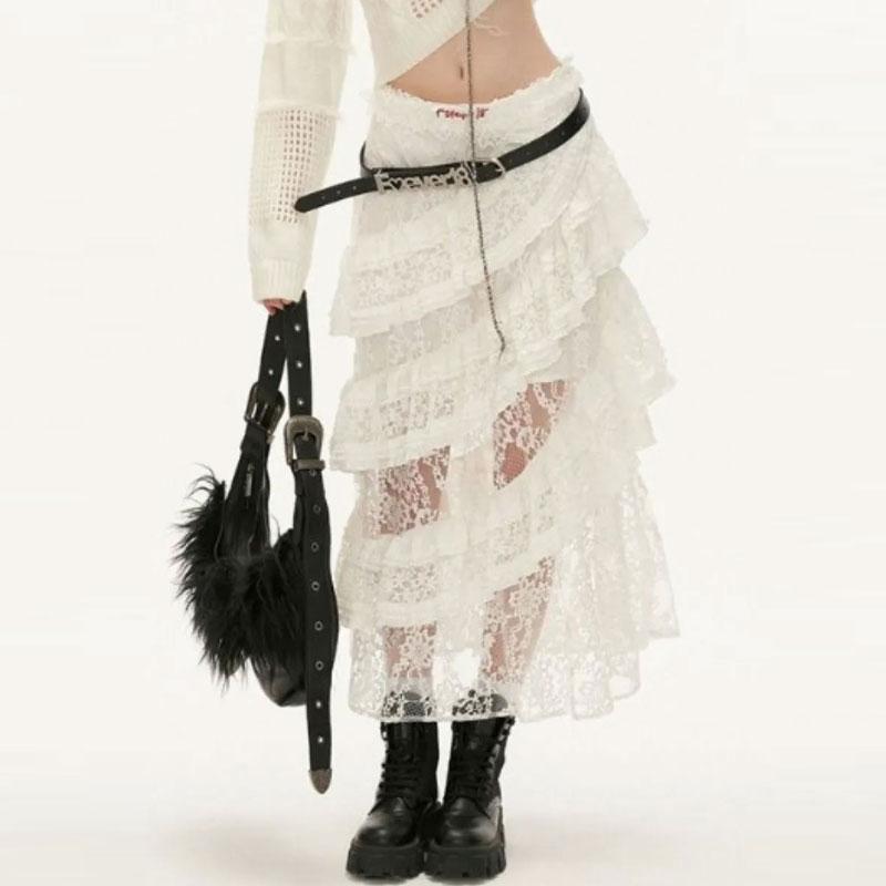 

Женская кружевная юбка белая Y2k винтажная элегантная юбка миди с оборками эластичная талия корейская модная одежда one size белый