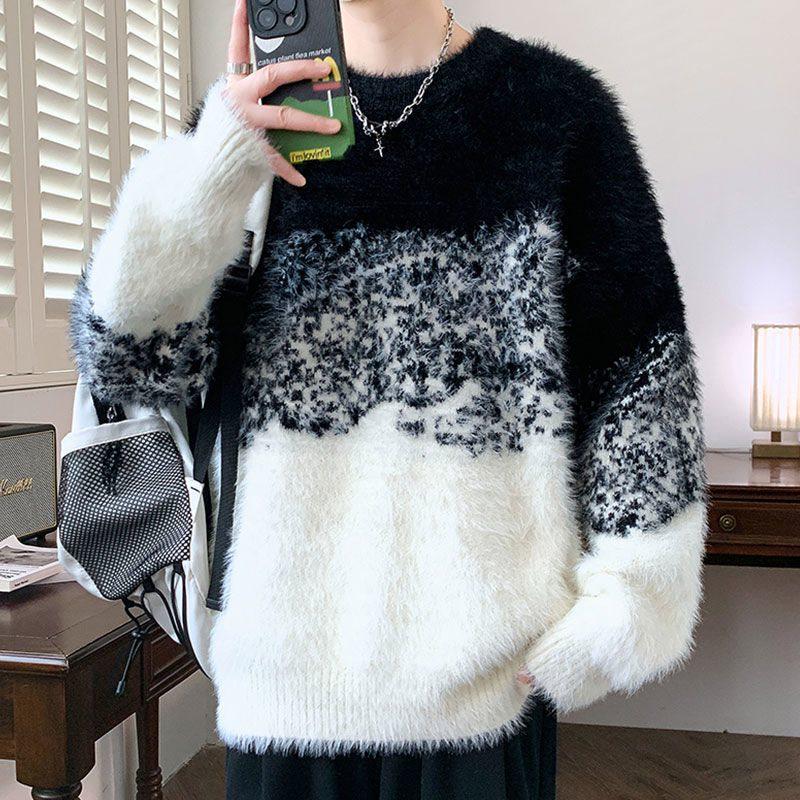 Men's Color Block Round Neck Wool Sweater - Soft, Thick & Warm Trendy Knitwear for Autumn & Winter