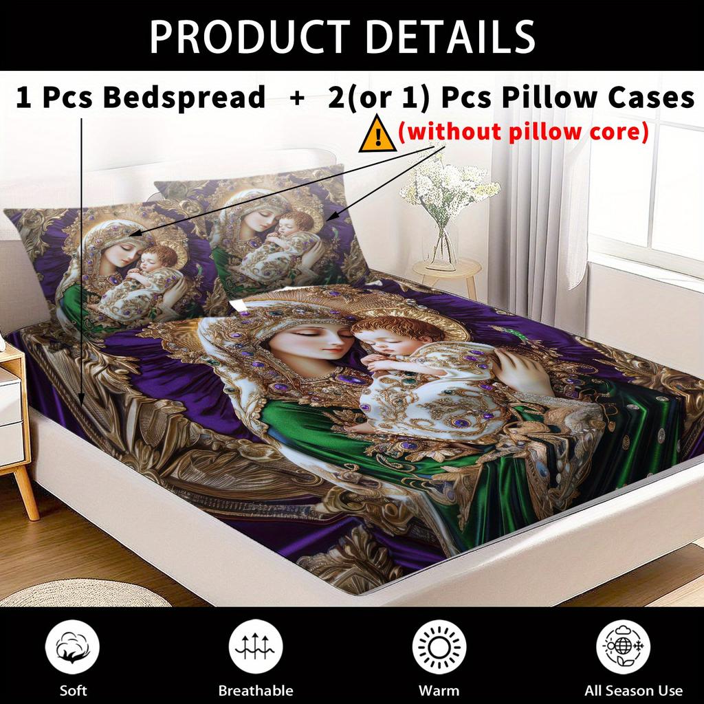 Latacaca 3pcs Merry Christmas Green Purple Ornate Winter Fitted Sheet Set 1 Fitted Sheet and 2 Pillowcases Bedding Set