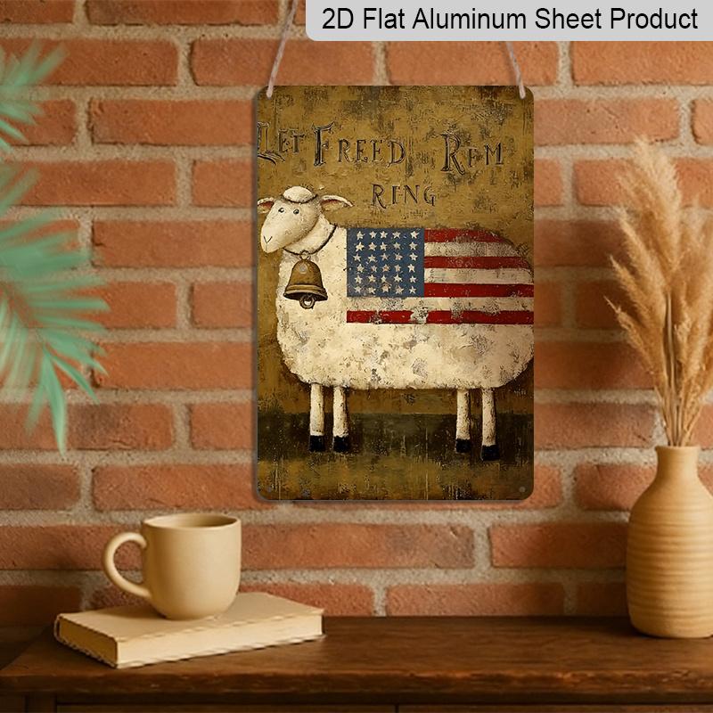2D Flat, 1pc Patriotic Sheep American Flag Metal Wall Art - Rustic Farmhouse Style with "Let Freedom Ring" Design, Vintage Distressed Texture