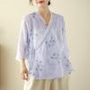 2026 Summer Chinese Style Women's Loose Ramie Top - Lace-up Seven-Sleeve Artistic Shirt for Tea Ceremony
