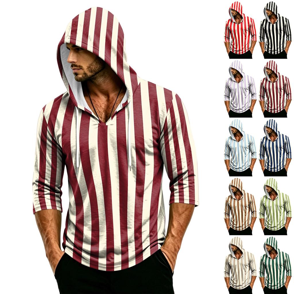Men's Casual Hooded Striped Three-Quarter Sleeve T-Shirt