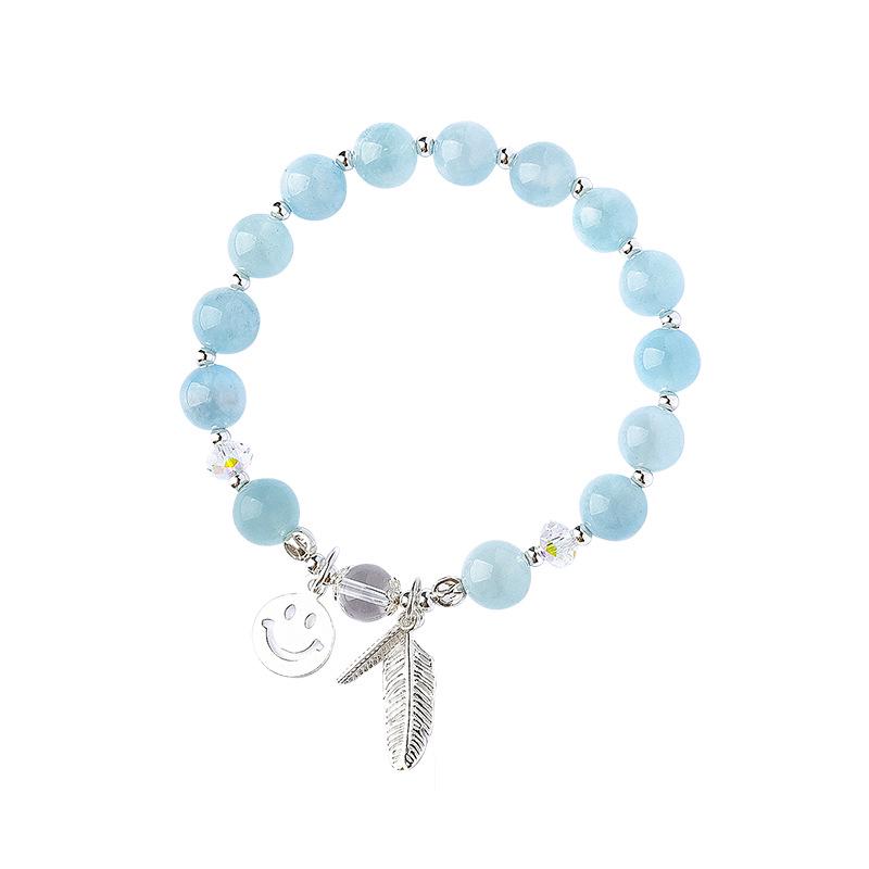 Aquamarine Fresh Blue Crystal Beaded Bracelet with S925 Silver Feather