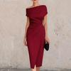 2026 European & American One-Shoulder Waist-Cinched Pleated Slit Evening Gown for Banquets & Commutes
