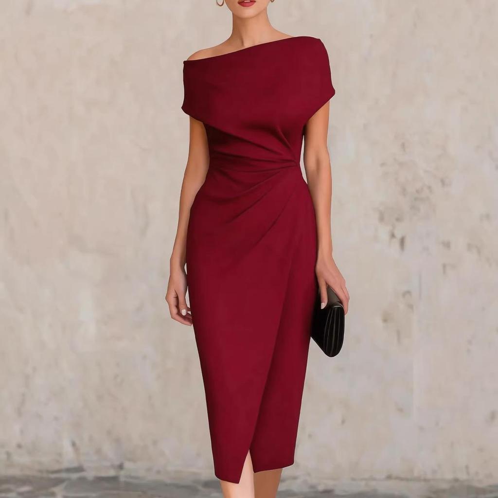 2026 European & American One-Shoulder Waist-Cinched Pleated Slit Evening Gown for Banquets & Commutes